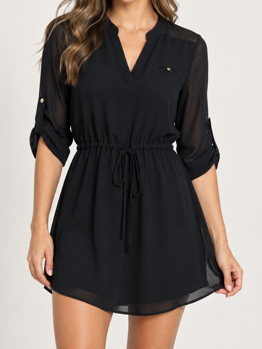 Black Women's Drawstring Waist Tunic Dress